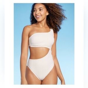 White Women’s Ribbed One Shoulder Cut Out One Piece Swimsuit ~ Shade & Shore ~ S